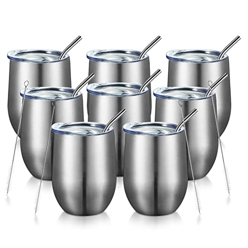 COMOOO 12oz Insulated Wine tumbler with Lid, Stainless Steel Stemless Wine Tumbler Glass,Double Wall Vacuum Wine Tumbler Cups with Straw Coffee, Cocktails,Beer,Champaign Silver, 8 Pack - Image 1