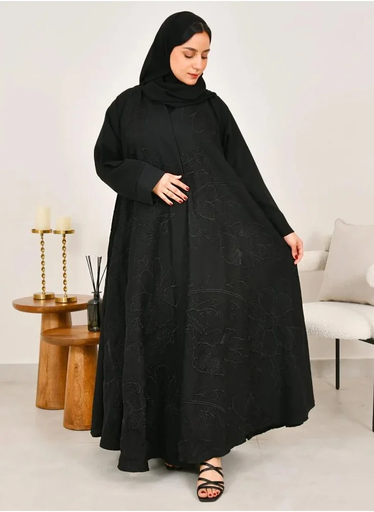 lamha abaya Double-layered wrap abaya with elegant black embroidery all over the abaya