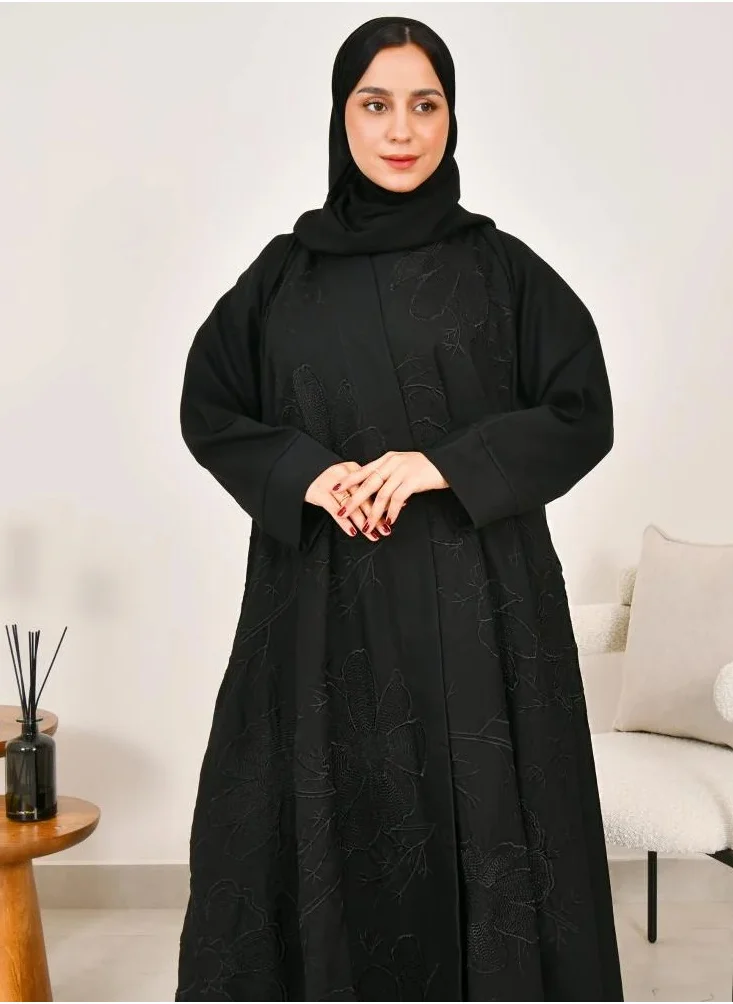 lamha abaya Double-layered wrap abaya with elegant black embroidery all over the abaya