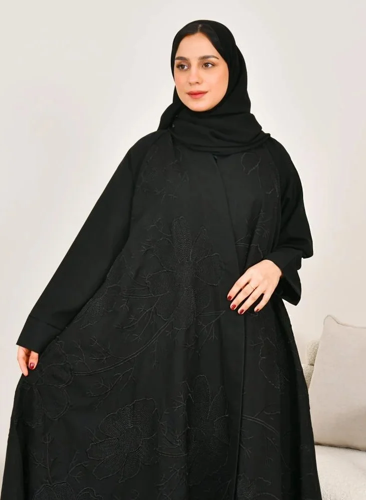 lamha abaya Double-layered wrap abaya with elegant black embroidery all over the abaya