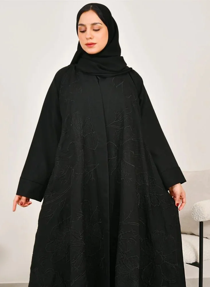 lamha abaya Double-layered wrap abaya with elegant black embroidery all over the abaya
