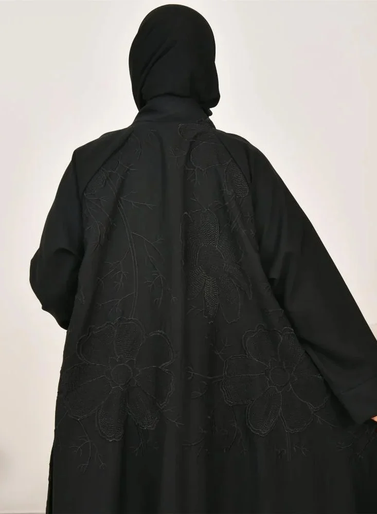 lamha abaya Double-layered wrap abaya with elegant black embroidery all over the abaya