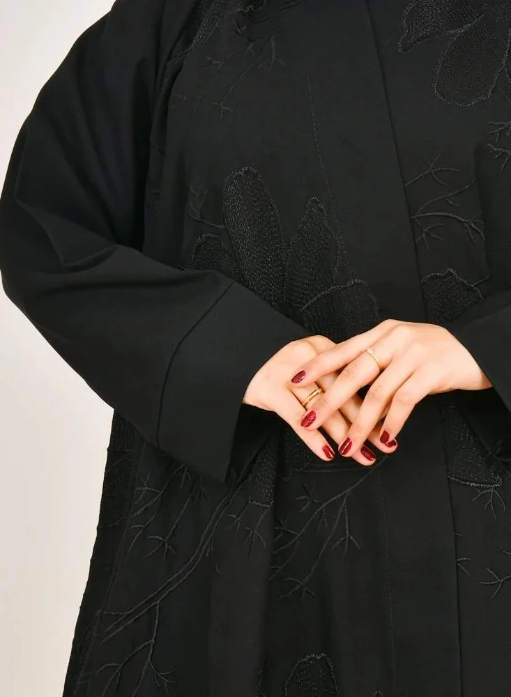 lamha abaya Double-layered wrap abaya with elegant black embroidery all over the abaya