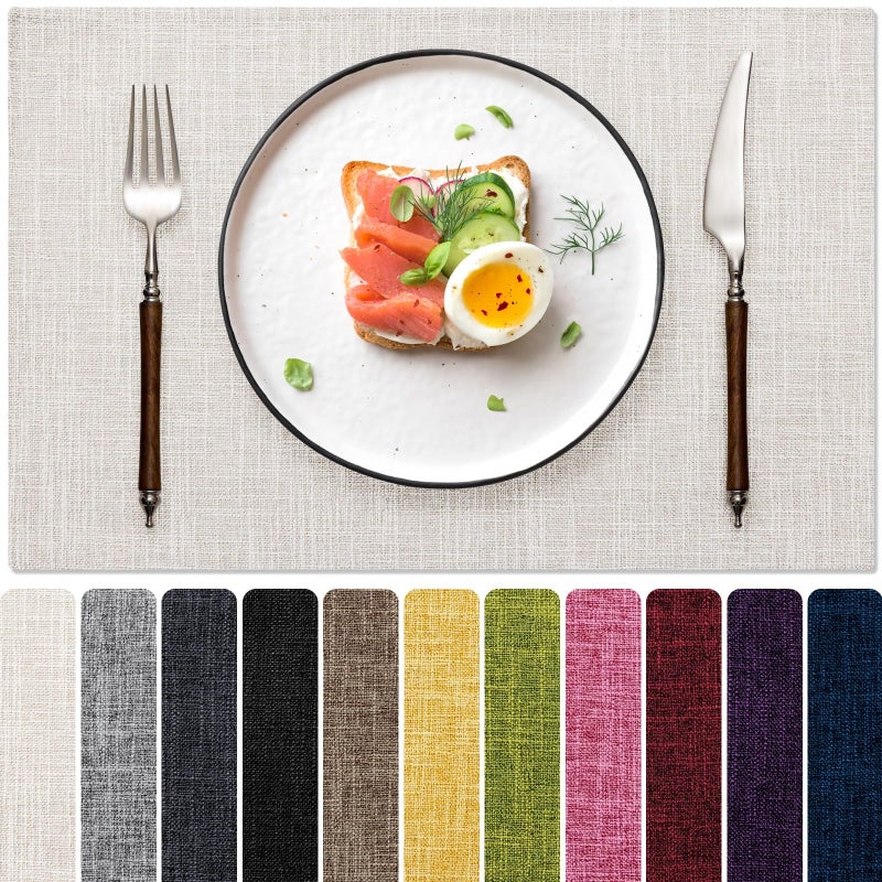 Blue Forest Placemats Set Of 6  Dual-Layered Thickened Faux Linen Cloth Place Mats Heat Resistant Machine Washable Wrinkle Free Table Mats Indoor/Outdoor (Cream Beige) - Image 1
