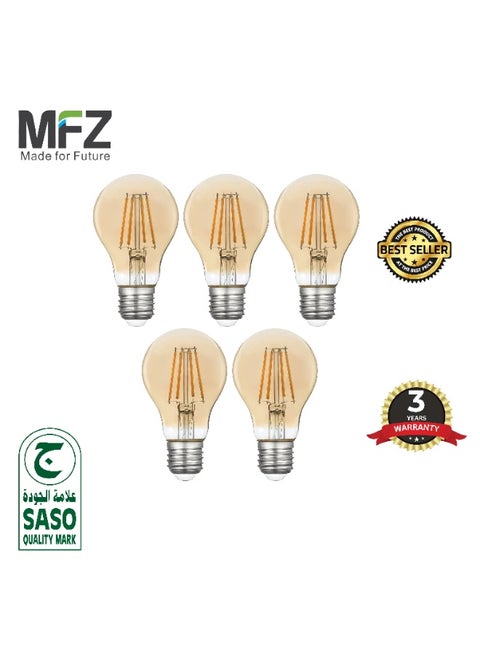 MFZ LED Bulbs 4W, E27 Base, 2700K Warm White, AC220–240V, Vintage Filament Style – Pack of 5 Pieces