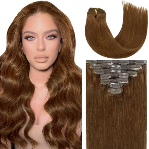 Caliee Clip in Hair Extensions Human Hair 20 Inch Chocolate Brown Hair Extensions Clip in Double Lace Weft 7 Pcs 140 G Silky Straight Hair for Full Head - Image 1