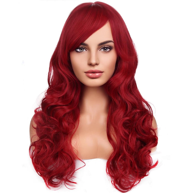 RightOn Red Wig Long Curly Wig with Bangs Red Wig for Women Red Wigs Long Wavy Red Wig with Wig Cap