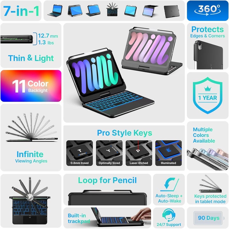 typecase حقيبة لوحة مفاتيح - لأجهزة iPad mini 7 (2024) و Mini 6 (2021) - حقيبة لوحة مفاتيح لاسلكية لجهاز iPad mini الجيل السابع 8.3 بوصة، مع لوحة مفاتيح بإضاءة خلفية بـ 10 ألوان - Image 3