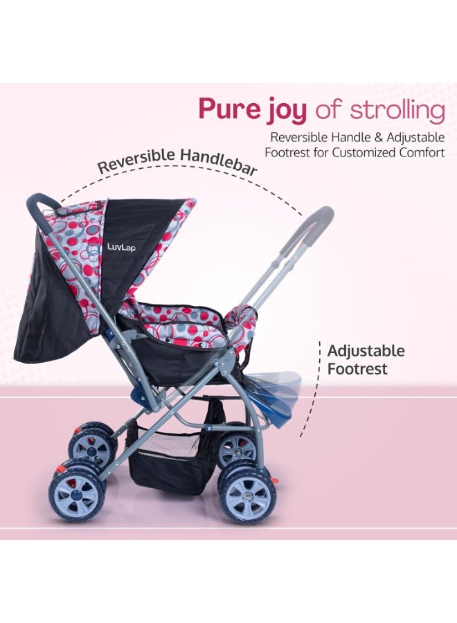 LuvLap Starshine Baby Stroller / Pram for 0 to 3 Years, New Born / Toddler / Kid, Lightweight, Adjustable backrest, 360° Swivel Wheel, Large storage basket, Reversible Handlebar (Light Red) - Image 2