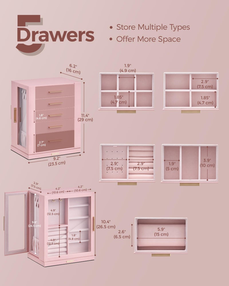 Glimmloop 360Â° Rotating Jewelry Box with 5 Drawers, Spacious Vertical Jewelry Organizer with Glass Window, Jewelry Storage Case, Dustproof & Moisture-resistant Design, Pink - Image 5