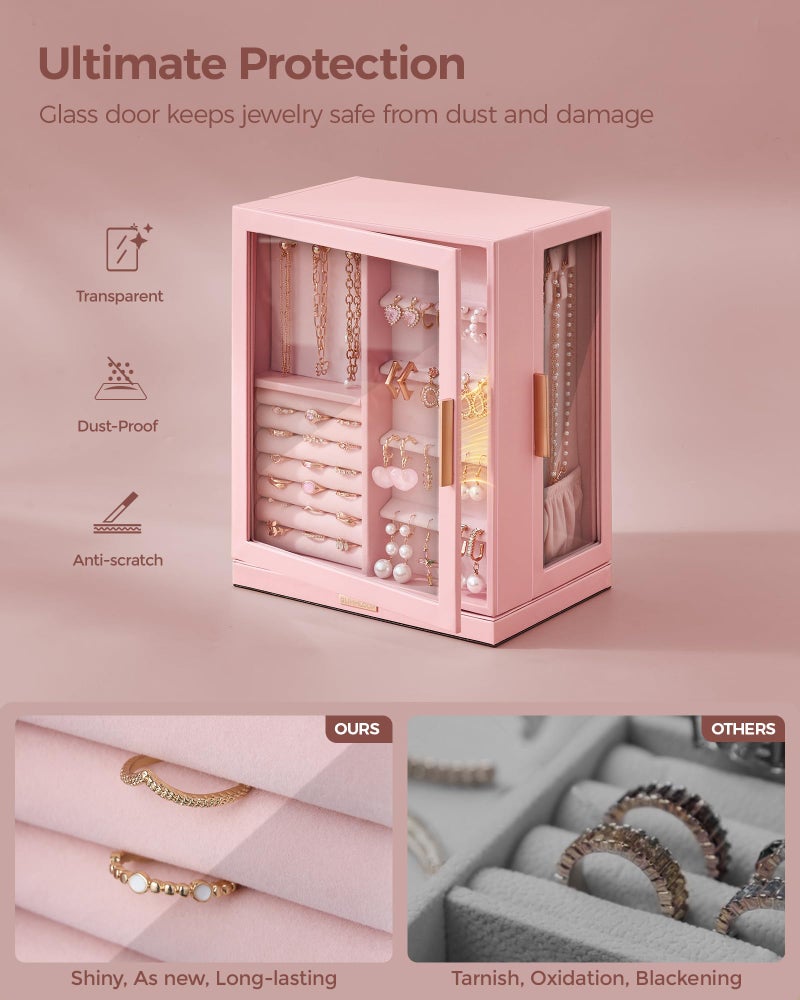 Glimmloop 360Â° Rotating Jewelry Box with 5 Drawers, Spacious Vertical Jewelry Organizer with Glass Window, Jewelry Storage Case, Dustproof & Moisture-resistant Design, Pink - Image 3