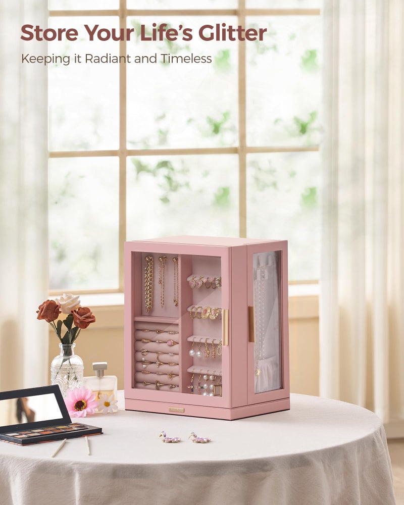 Glimmloop 360Â° Rotating Jewelry Box with 5 Drawers, Spacious Vertical Jewelry Organizer with Glass Window, Jewelry Storage Case, Dustproof & Moisture-resistant Design, Pink - Image 2