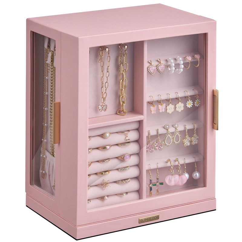 Glimmloop 360Â° Rotating Jewelry Box with 5 Drawers, Spacious Vertical Jewelry Organizer with Glass Window, Jewelry Storage Case, Dustproof & Moisture-resistant Design, Pink - Image 1