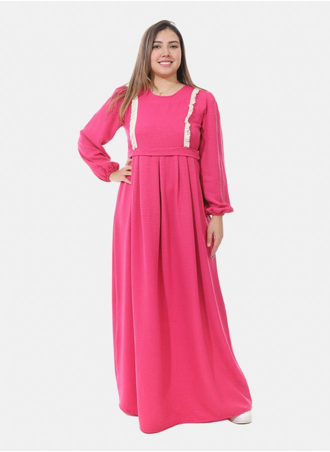 Generic Women's Linen Dress with Guipure Ribbon - Fuchsia  - Image 1