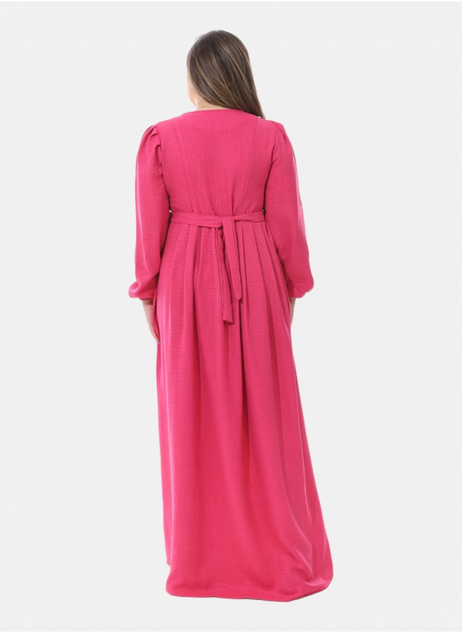 Generic Women's Linen Dress with Guipure Ribbon - Fuchsia  - Image 3