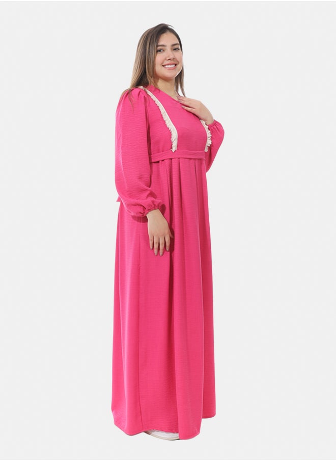 Generic Women's Linen Dress with Guipure Ribbon - Fuchsia  - Image 2