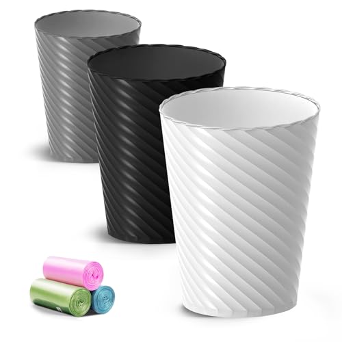 Lysam Bathroom Trash Can, 3 Pack 1.8 Gallons Small Trash Can with Trash Bags, Bathroom Garbage Can, Plastic Trash Bin, Round Waste Basket for Bedroom, Office, Room (White Black Grey) - Image 1