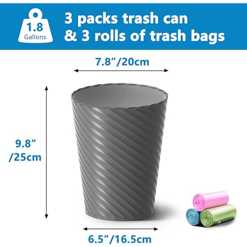 Lysam Bathroom Trash Can, 3 Pack 1.8 Gallons Small Trash Can with Trash Bags, Bathroom Garbage Can, Plastic Trash Bin, Round Waste Basket for Bedroom, Office, Room (White Black Grey) - Image 3
