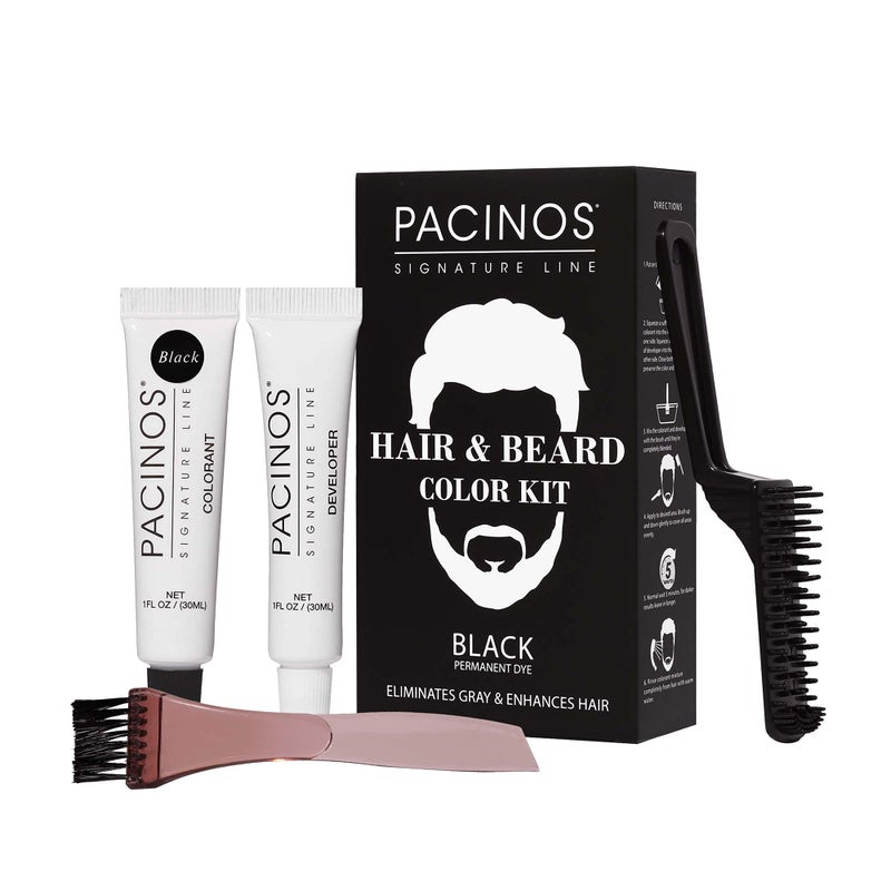 Pacinos Hair & Beard Color Kit (Black) - Hair Color For Men, Eliminates Grays in 5 minutes, Easy to Apply Brush-In Formula, Enhances Appearance of Hair for Moustache & Beard - Image 1