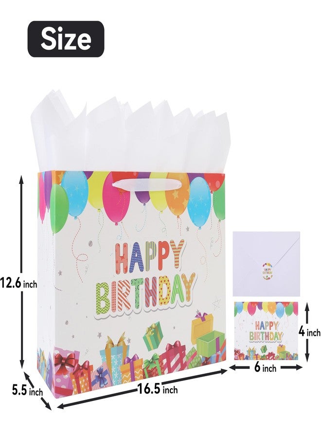 wishinside 16.5'' Extra Large Birthday Gift Bag Set with Handles, Greeting Card, Pink Tissue Papers and Stickers for Girls Boys Kids Women Men, Colorful Balloons Gifts Design, 1 Pcs - Image 2