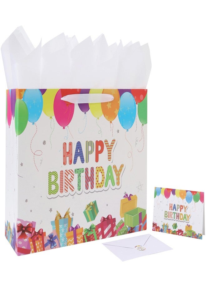 wishinside 16.5'' Extra Large Birthday Gift Bag Set with Handles, Greeting Card, Pink Tissue Papers and Stickers for Girls Boys Kids Women Men, Colorful Balloons Gifts Design, 1 Pcs - Image 1