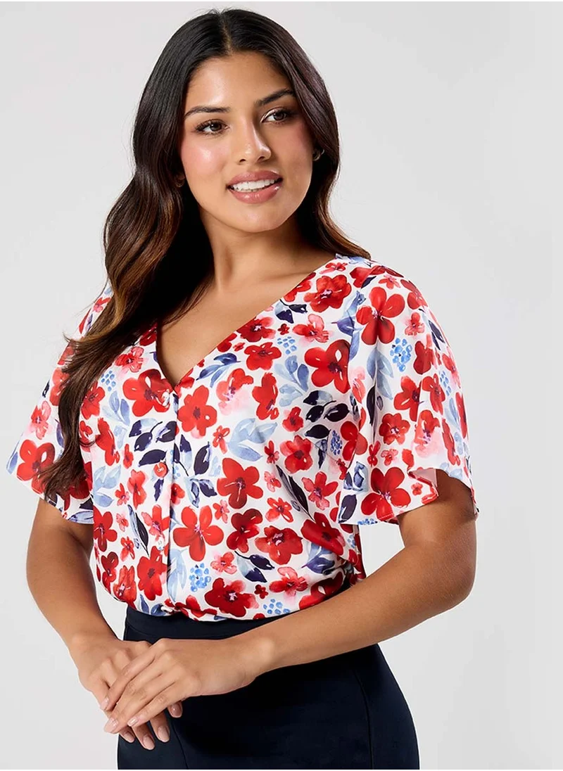 Zigzag Vneck Flared Sleeve Red Printed Top