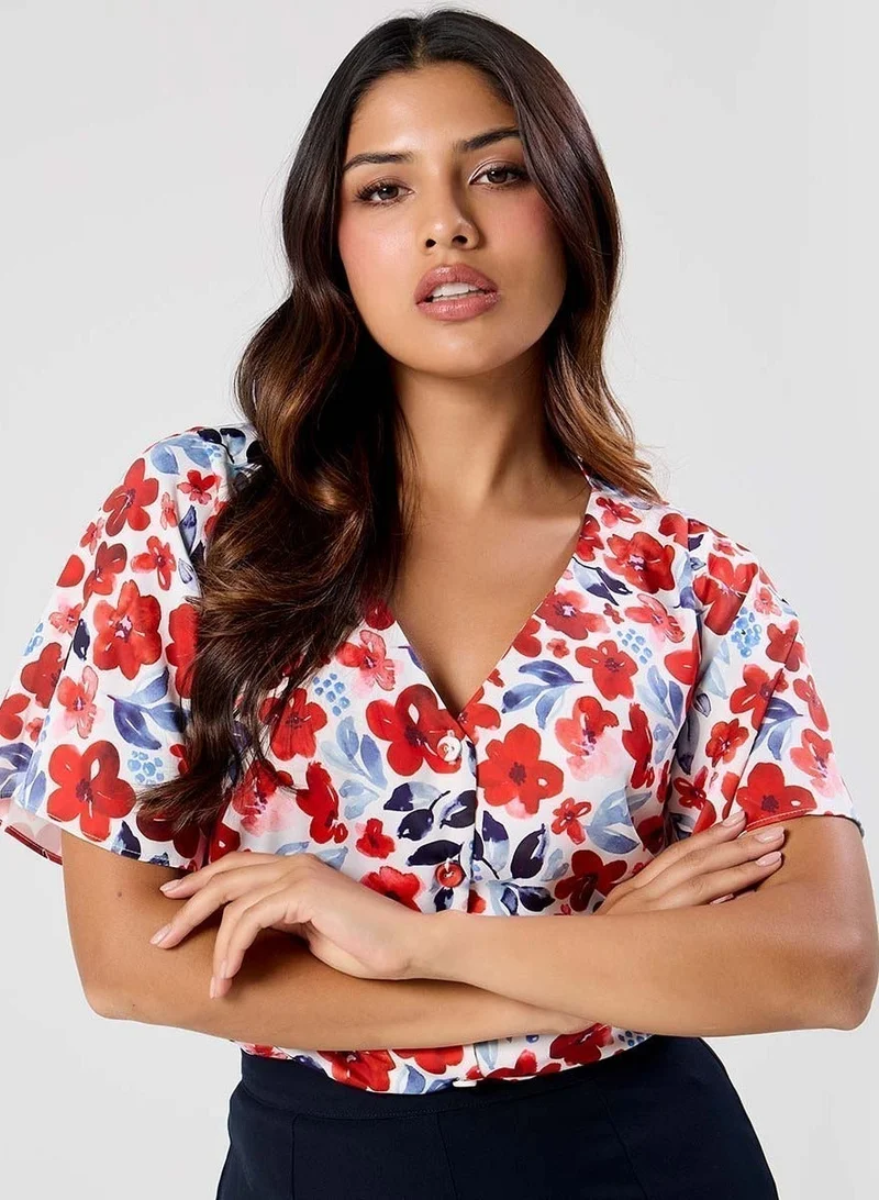 Zigzag Vneck Flared Sleeve Red Printed Top