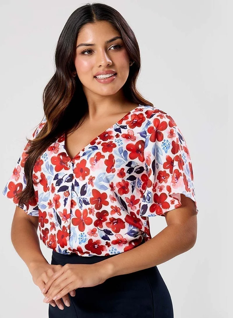 Zigzag Vneck Flared Sleeve Red Printed Top