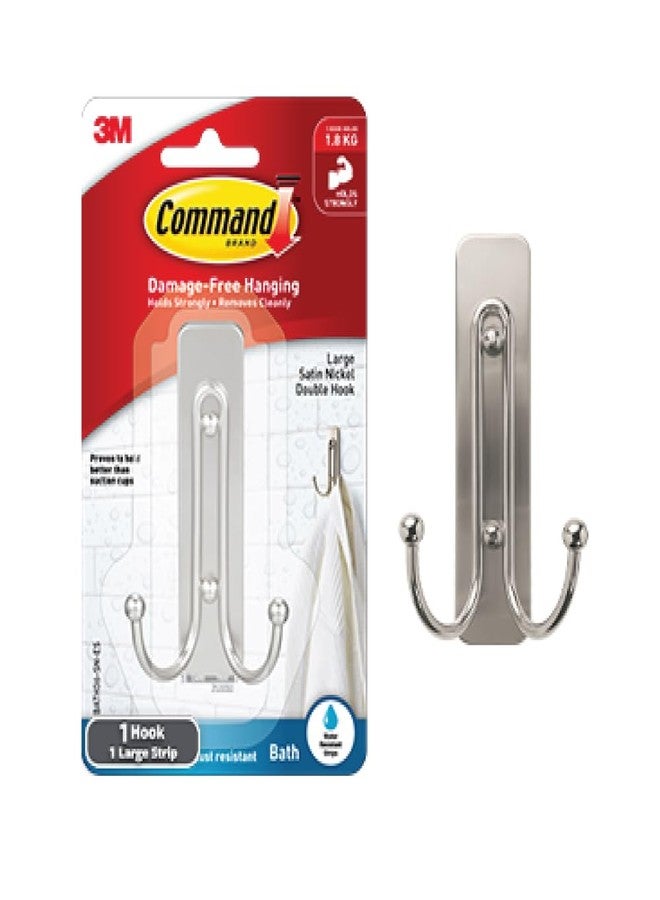 Command 3M Command Bath Large Satin Nickel Metal Premium Double Hook, Holds 1.8 kg, water resistant, rust resistant, Holds Strongly, Heavy Duty, no Paint Damage, Reusable, Adhesive hooks for wall, Multi-surface, Kitchen and Bathroom (1 hook, 2 strips) - Image 1