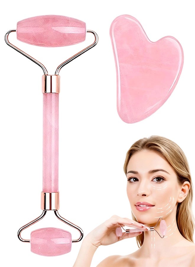 Pink Rose Roller and Gua Sha Set, Face Massage Tool, for Women, Men & Girls Facial, Neck & Body Skincare & Muscle Relaxation - Image 1
