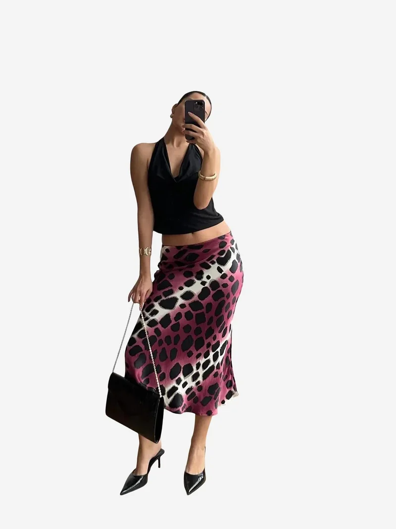 Mixray Burgundy Red Mixray Leopard Midi Skirt for Women | Best Price UAE