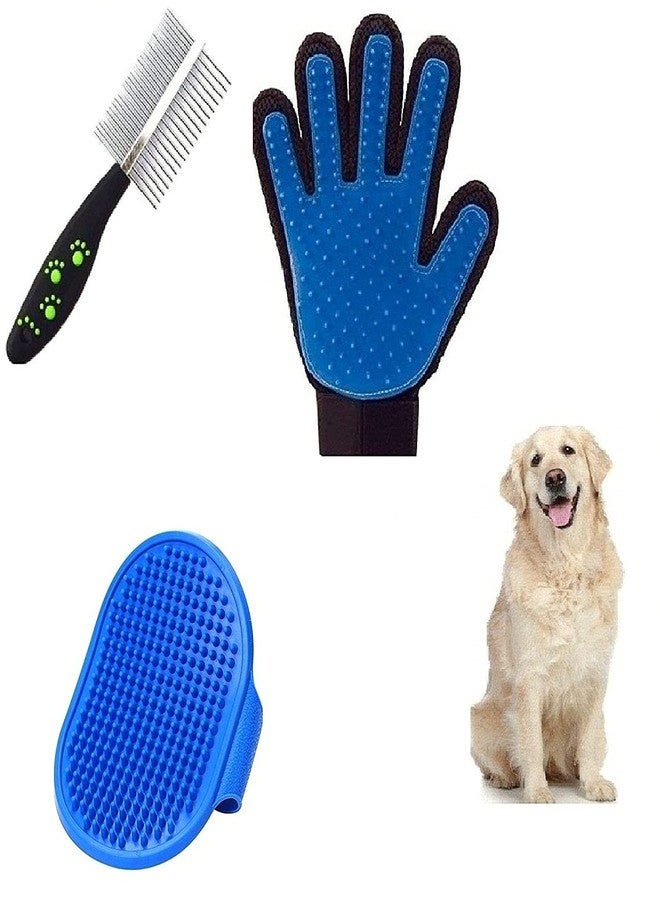 Imported Pet Steel Hair Comb Double Side + Gloves + Bath Gloves Grooming Kit for All Pets Dog, Cat, Rabbit, Hamster (Combo of 3) - Image 1