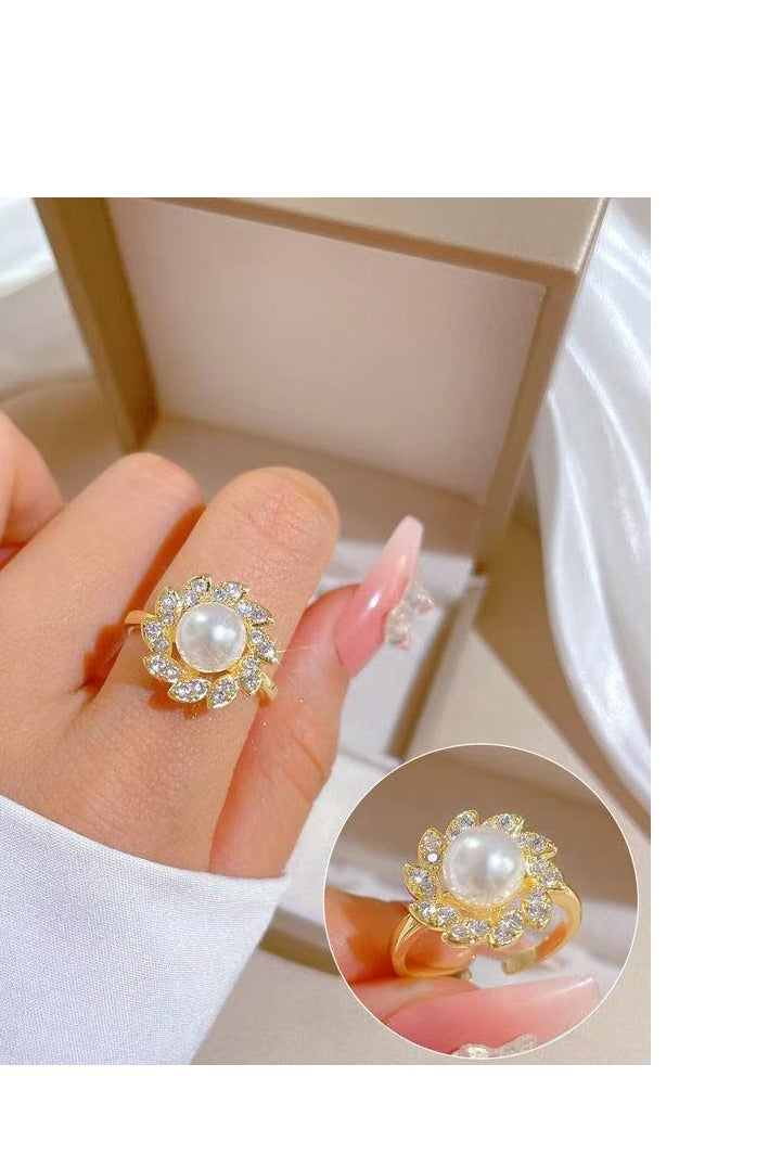 Innoshine Elegant Pearl Flower Jewelry Set - Gold Plated Necklace, Earrings & Ring Trio for Fashion Women, Trendy Blossom Collarbone Chain, Vintage-inspired Floral Accessories - Image 4