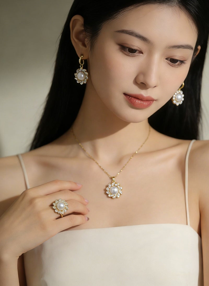 Innoshine Elegant Pearl Flower Jewelry Set - Gold Plated Necklace, Earrings & Ring Trio for Fashion Women, Trendy Blossom Collarbone Chain, Vintage-inspired Floral Accessories - Image 1