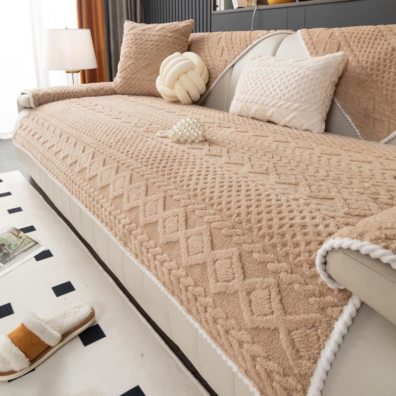 vctops Cable Jacquard Plush Sofa Couch Covers Boho Fuzzy Couch Cover for Dogs Soft Non Slip Sectional Sofa Slipcover Thick Warm Washable Furniture Protector for Kids, Pets (Camel,28"x28") - Image 1