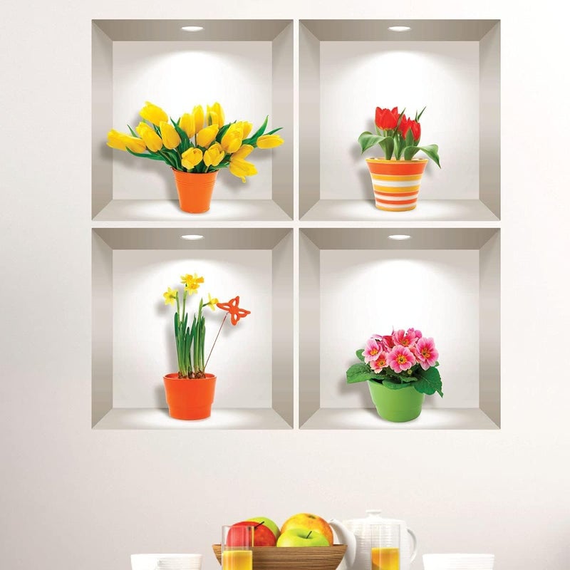 AARKRI SALES 3D Type Wall Paper Stickers | Sqare Flower Pot Wallpaper Self Adhesive Stickers | 3D DIY Frame Size -30 cm x 30 cm (Pack of - 4pcs) (3D Colour Flower Pot) - Image 4