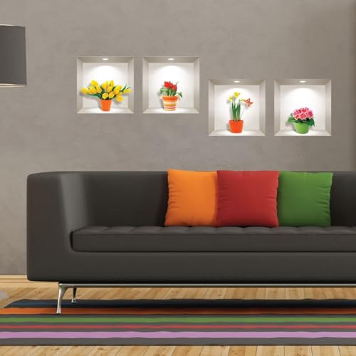 AARKRI SALES 3D Type Wall Paper Stickers | Sqare Flower Pot Wallpaper Self Adhesive Stickers | 3D DIY Frame Size -30 cm x 30 cm (Pack of - 4pcs) (3D Colour Flower Pot) - Image 3