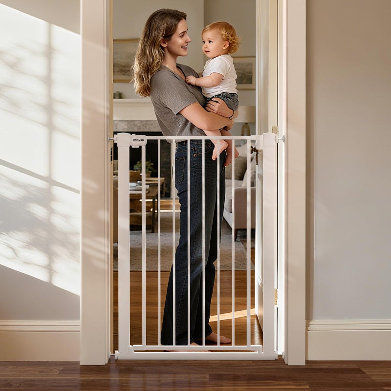 KODYRU 43 inch Tall Safety Dog Gate Adjustable 29.7-45.2 inch Extra-Wide Metal Pet Gate Drill-Free Pressure-Mount Installation kit Self-Closing Cat Gate for Stairwellsã€Doorwaysï¼ˆWhiteï¼‰ - Image 1