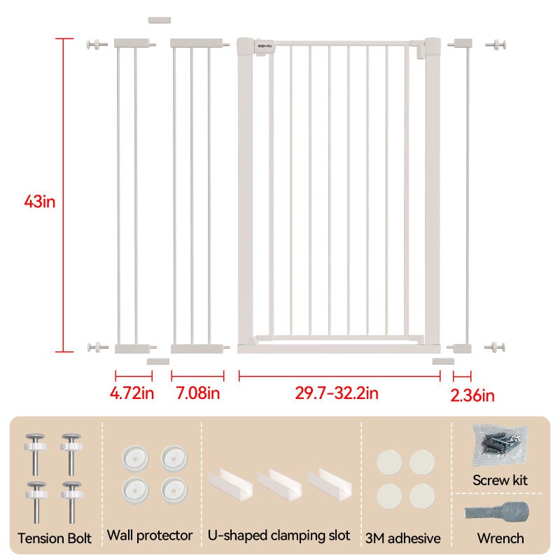 KODYRU 43 inch Tall Safety Dog Gate Adjustable 29.7-45.2 inch Extra-Wide Metal Pet Gate Drill-Free Pressure-Mount Installation kit Self-Closing Cat Gate for Stairwellsã€Doorwaysï¼ˆWhiteï¼‰ - Image 2