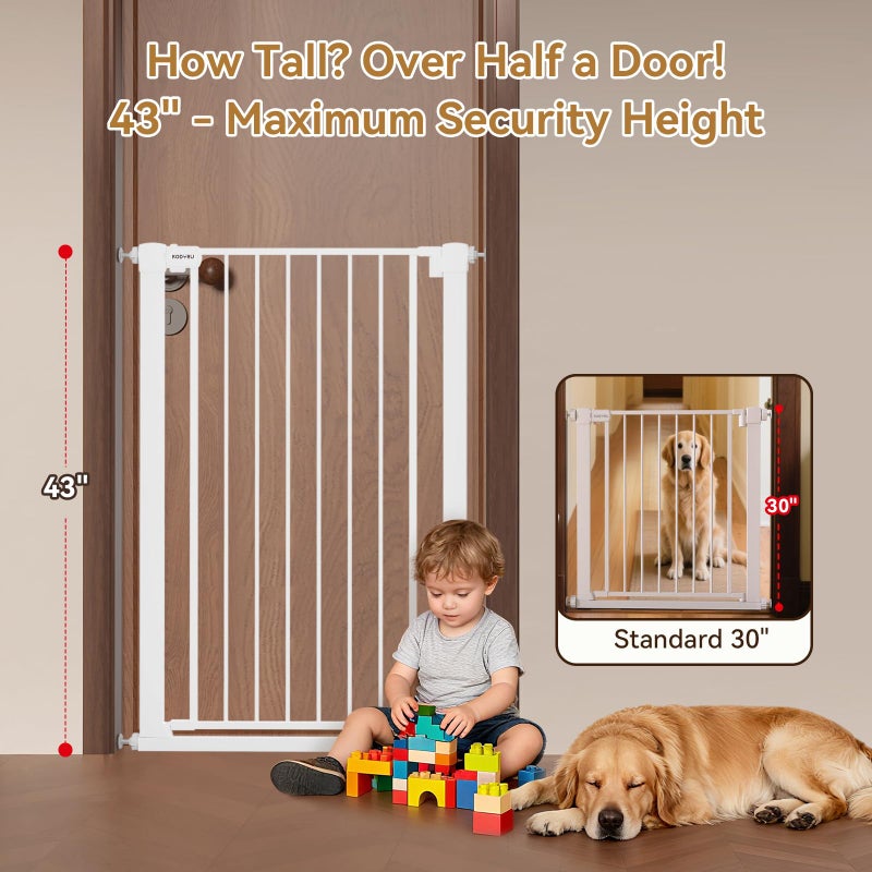 KODYRU 43 inch Tall Safety Dog Gate Adjustable 29.7-45.2 inch Extra-Wide Metal Pet Gate Drill-Free Pressure-Mount Installation kit Self-Closing Cat Gate for Stairwellsã€Doorwaysï¼ˆWhiteï¼‰ - Image 3