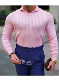 Cool Tarz Cool Style Pink Men's Polo Collar Ribbed Knitwear Sweater  - Image 1