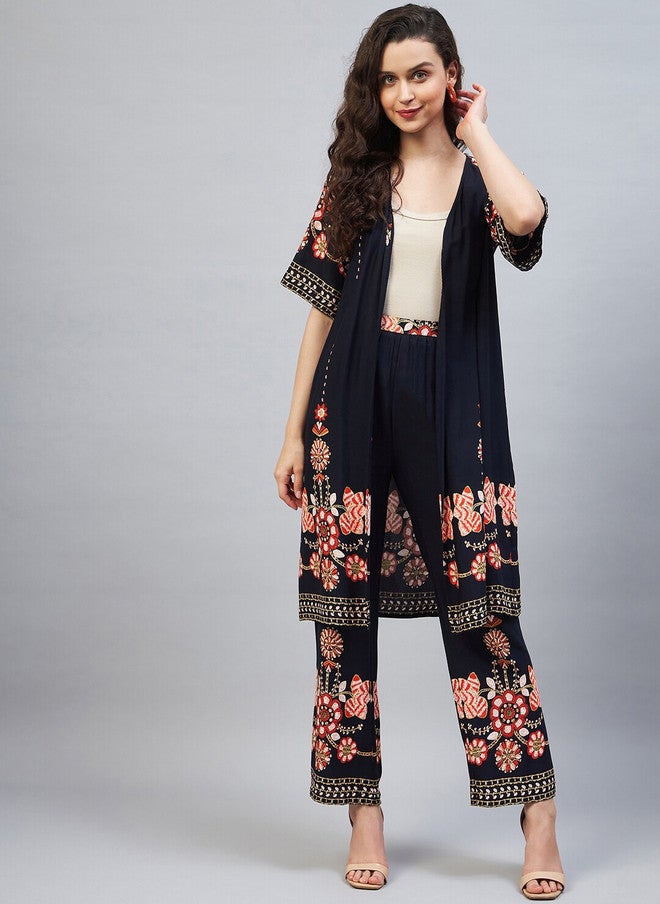 StyleStone طقم شروغ وسروال مطبوع باللون الأزرق الداكن من ستايل ستون للنساء - Image 1