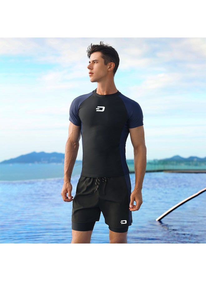 Loquat Swimwear Men's Professional Anti-embarrassment Large Size Loose Double Layer Swimming Trunks Hot Spring Full Body Men's Swimwear Swimming Goggles Set-Color:Two-piece 【swimsuit + Swimming Trunks】】-  - Image 1