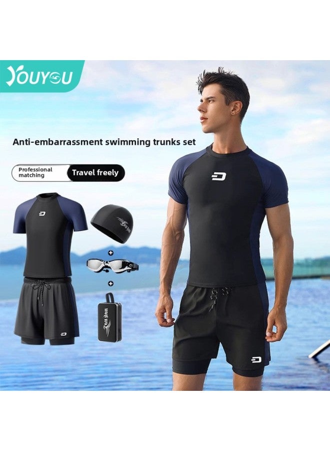 Loquat Swimwear Men's Professional Anti-embarrassment Large Size Loose Double Layer Swimming Trunks Hot Spring Full Body Men's Swimwear Swimming Goggles Set-Color:Two-piece 【swimsuit + Swimming Trunks】】-  - Image 2