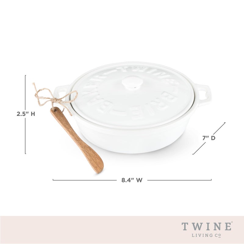 Twine Ceramic Brie Baker with Acacia Wood Spreader, Brie Baking Dish with Lid, Brie Cheese Baking Dish, Ceramic Bakeware, White, Set of 1 - Image 3