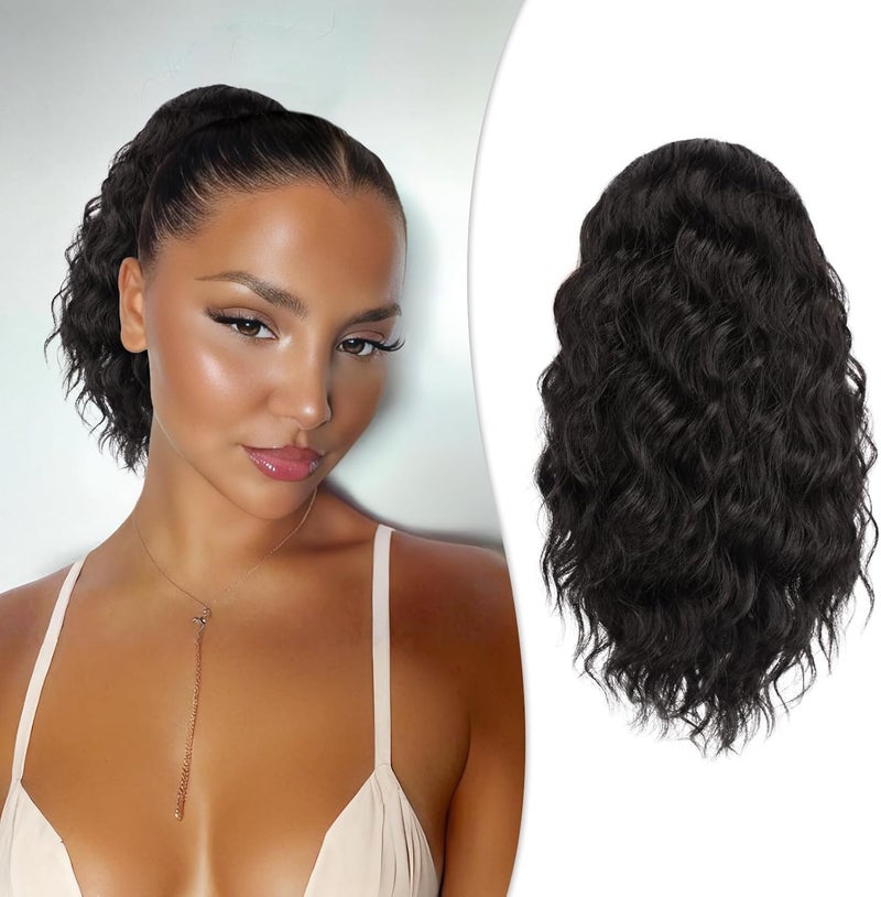 RUWISS Curly Drawstring Ponytail Extension for Black Women12 inch Black Brown Afro Kinky Ponytail Synthetic Hairpiece for Daily Party Use