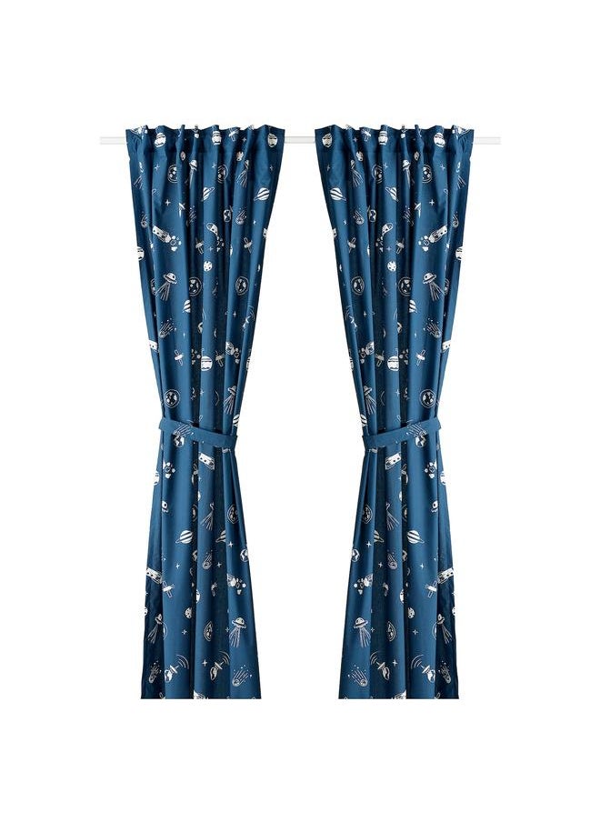 Zaboon - Curtains with tie-backs, 1 pair, space blue/white, 120x300 cm - Image 1