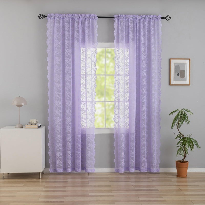 YJ YANJUN Lavender Lace Curtains 84 Inch Long For Living Room 2 Panels Romantic Floral Sheer Girly Curtains With Scalloped Edge For Bedroom Dorm Room Rod Pocket Provide Privacy 52 X 84 Inch Light Purple - Image 1
