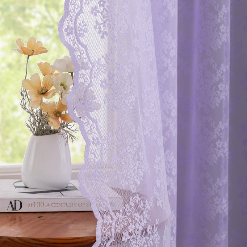 YJ YANJUN Lavender Lace Curtains 84 Inch Long For Living Room 2 Panels Romantic Floral Sheer Girly Curtains With Scalloped Edge For Bedroom Dorm Room Rod Pocket Provide Privacy 52 X 84 Inch Light Purple - Image 2