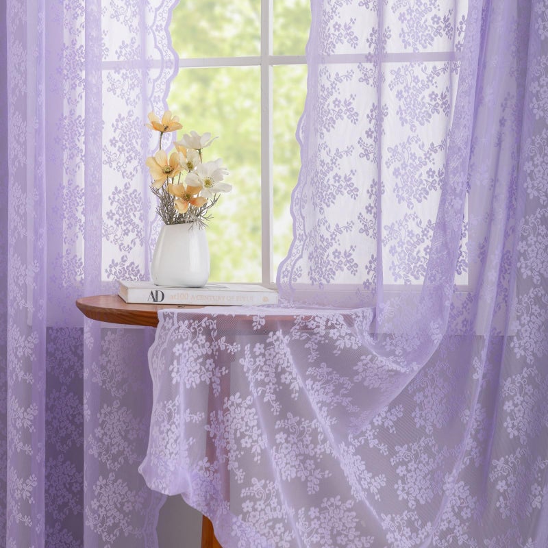 YJ YANJUN Lavender Lace Curtains 84 Inch Long For Living Room 2 Panels Romantic Floral Sheer Girly Curtains With Scalloped Edge For Bedroom Dorm Room Rod Pocket Provide Privacy 52 X 84 Inch Light Purple - Image 5